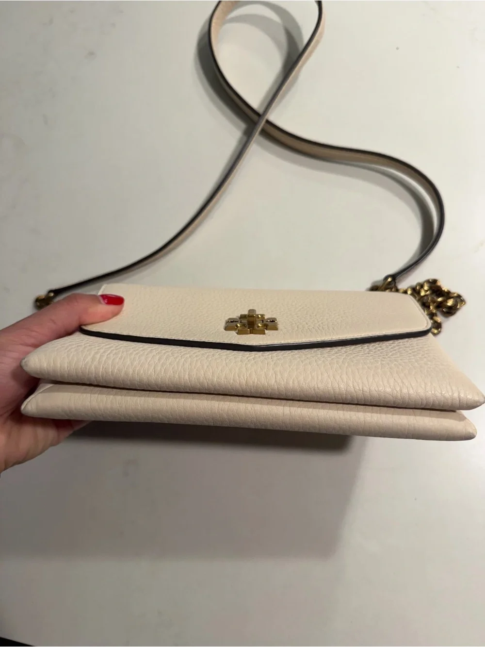 Tory Burch Cream Pebbled Leather Kira Chain Wallet with Gold Hardware